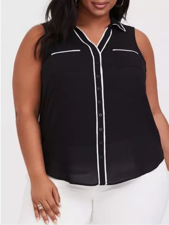torrid Tops - Torrid Madison Georgette Button-Down Sleeveless Blouse Black White Trim